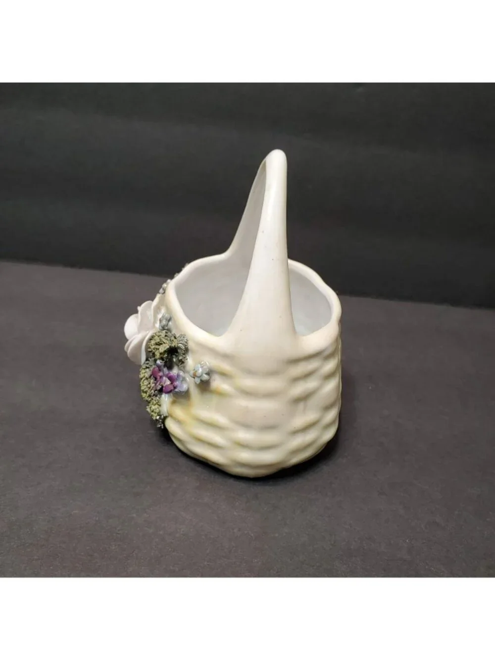 Vintage German Elfinware Porcelain Basket Mossware Miniature Floral Trinket Dish